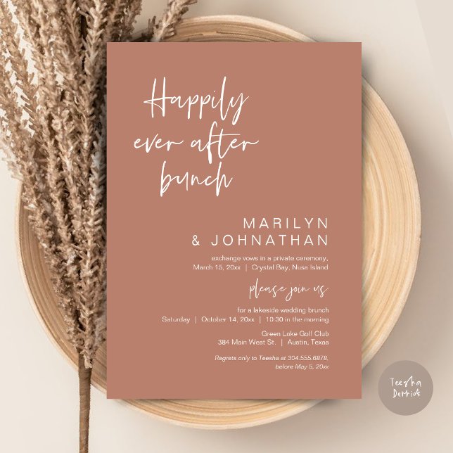 Invitación Feliz Desde Brunch, Elopement, Terracotta (Happily Ever After Brunch, Modern Wedding Elopement, Invitation Card, PDF, in Terracotta Brown)