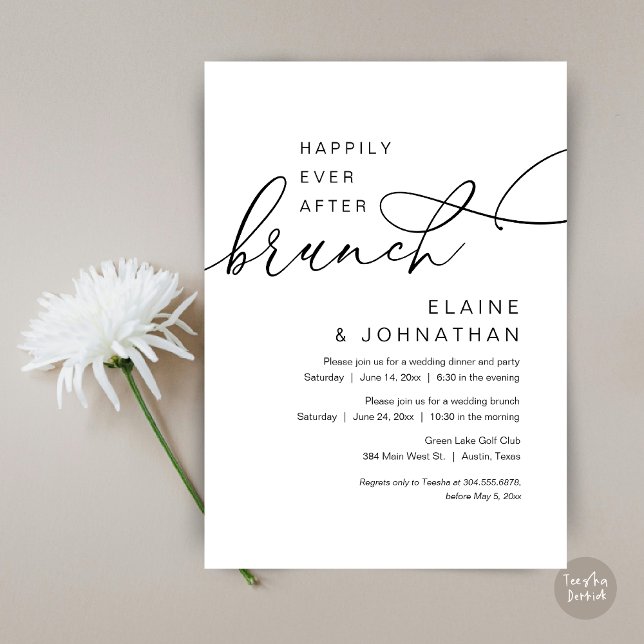 Invitación Feliz Desde Brunch, Fiesta Boda Elopement (Happily Ever After Brunch Invitation Card, PDF, in Modern Romantic Script, Black and White)