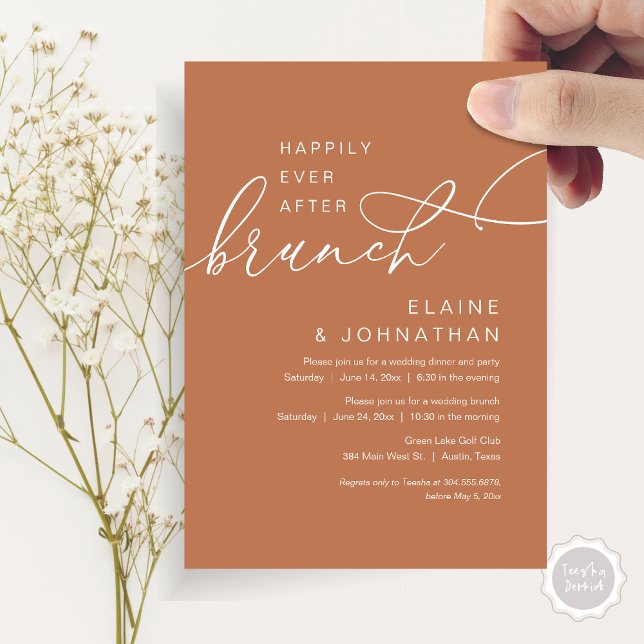 Invitación Feliz Desde Brunch, Fiesta Boda Elopement (Happily Ever After Brunch Invitation Card, PDF, in Modern Romantic Script, Copper Rust )