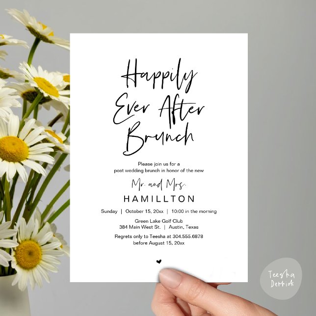 Invitación Feliz Desde Brunch, Fiesta Boda Elopement (Happily Ever After Brunch The Morning After Invitation Card PDF Newlyweds in Black White)