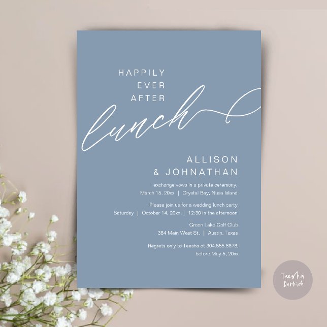 Invitación Feliz desde el almuerzo, Boda, azul turbio (Happily Ever After Lunch, Wedding Elopement Invitation Card, PDF, Modern Classy, in Dusty Blue)