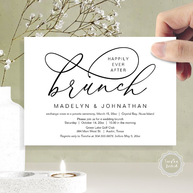Invitación Feliz desde el almuerzo, Boda Elopement (Happily Ever After Brunch, Wedding Elopement Party Invitation Card, PDF, Classy, Black and White)