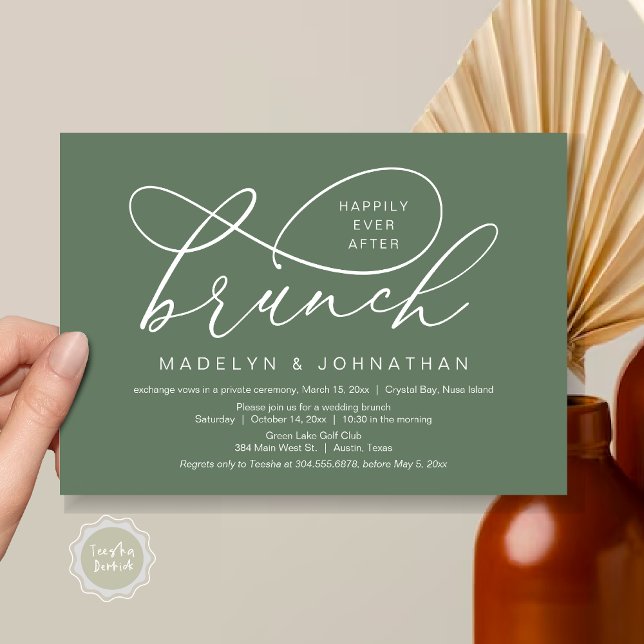 Invitación Feliz desde el almuerzo, Boda Elopement (Happily Ever After Brunch, Wedding Elopement Party Invitation Card, PDF, Classy, Forest Sage Green)