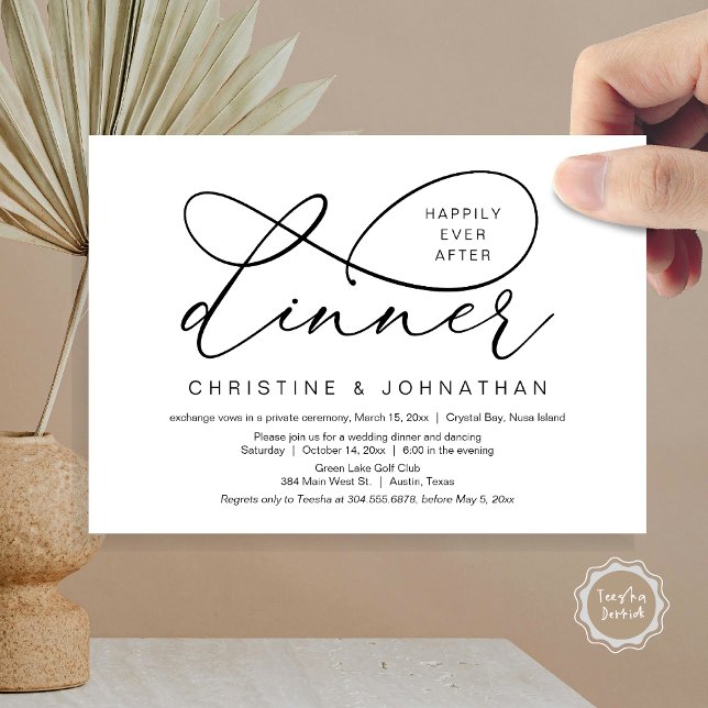 Invitación Feliz desde el almuerzo, Boda Elopement (Happily Ever After Dinner, Wedding Elopement Invitation Card, Classy Script, in Black and White)