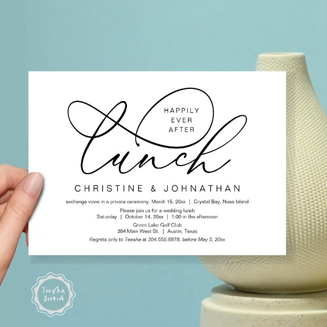 Invitación Feliz desde el almuerzo, Boda Elopement (Happily Ever After Lunch, Wedding Elopement Invitation Card, PDF, Classy Script, Black and White)