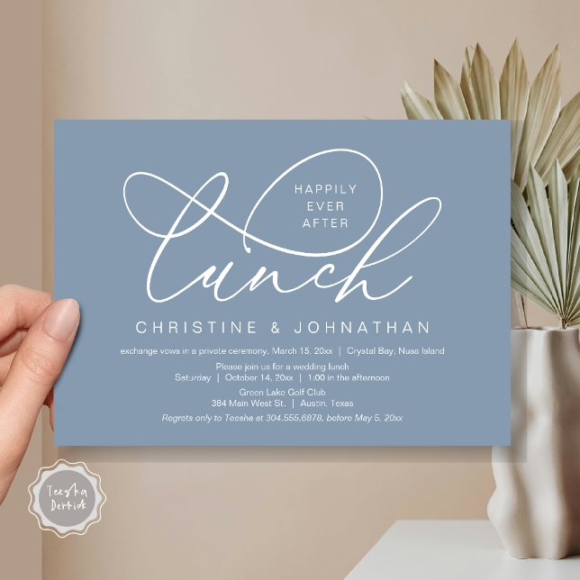 Invitación Feliz desde el almuerzo, Boda Elopement (Happily Ever After Lunch, Wedding Elopement Invitation Card, PDF, Classy Script, in Dusty Blue)