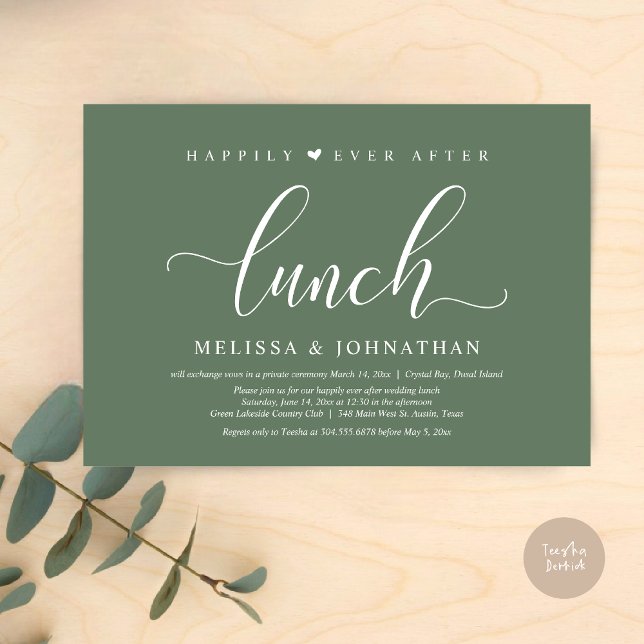Invitación Feliz desde el almuerzo, fiesta Boda Elopement (Happily Ever After Lunch Invitation Card, PDF, Modern Classy Script, in Sage Green)