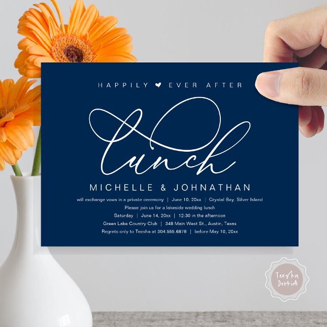 Invitación Feliz desde el almuerzo, Fiesta romántico moderno (Happily Ever After Lunch Invitation Card, PDF, Wedding Elopement, Romantic Heart, Classy Navy Blue)