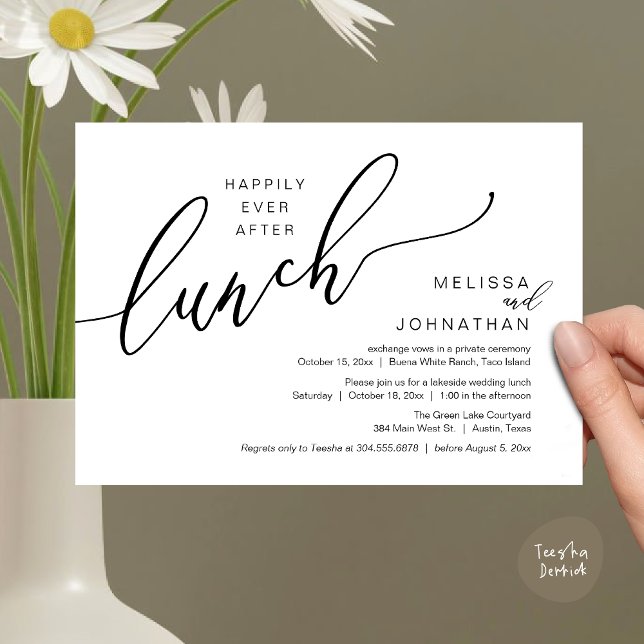 Invitación Feliz desde el almuerzo Romántico Boda Post (Happily Ever After Lunch Romantic Post Wedding Invitation Card PDF in Black White)