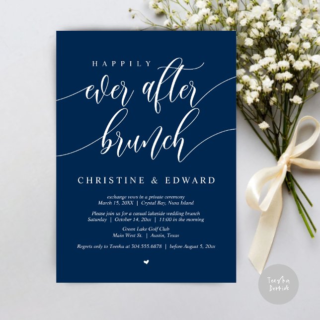 Invitación Feliz desde el brunch de Elopement, azul marino (Happily Ever After Elopement Brunch Invitation Card, Post-wedding, PDF, in Navy Blue)