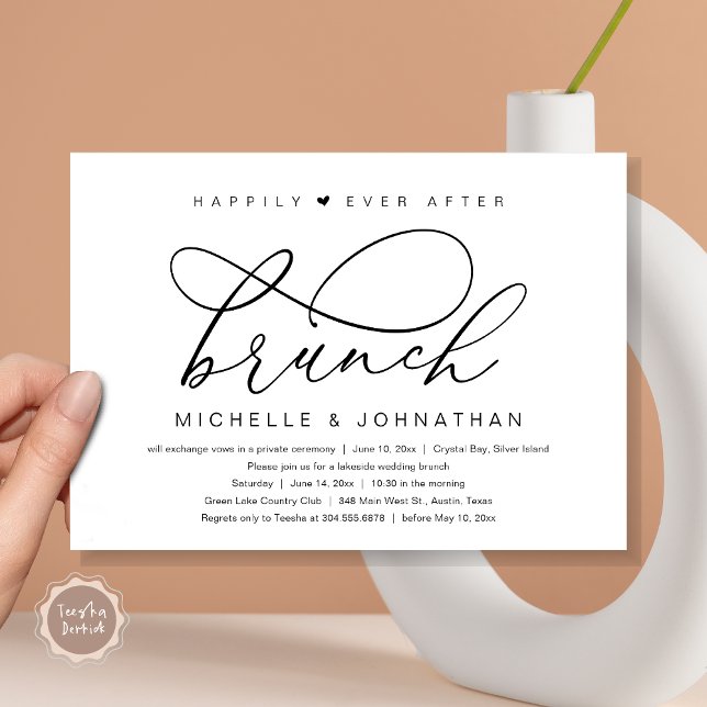 Invitación Feliz desde el brunch, Fiesta romántico moderno (Happily Ever After Brunch Party, Invitation Card, Modern Romantic Wedding Elopement, Black and White)