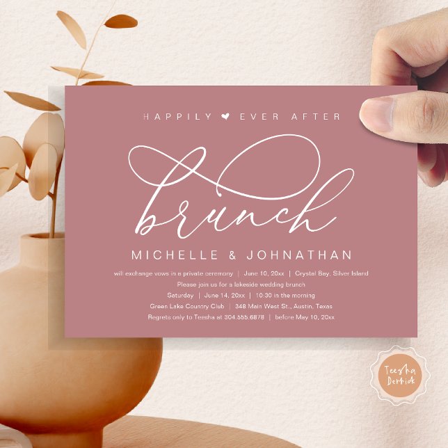 Invitación Feliz desde el brunch, Fiesta romántico moderno (Happily Ever After Brunch Party, Invitation Card, Modern Romantic Wedding Elopement, Dusty Rose Pink)