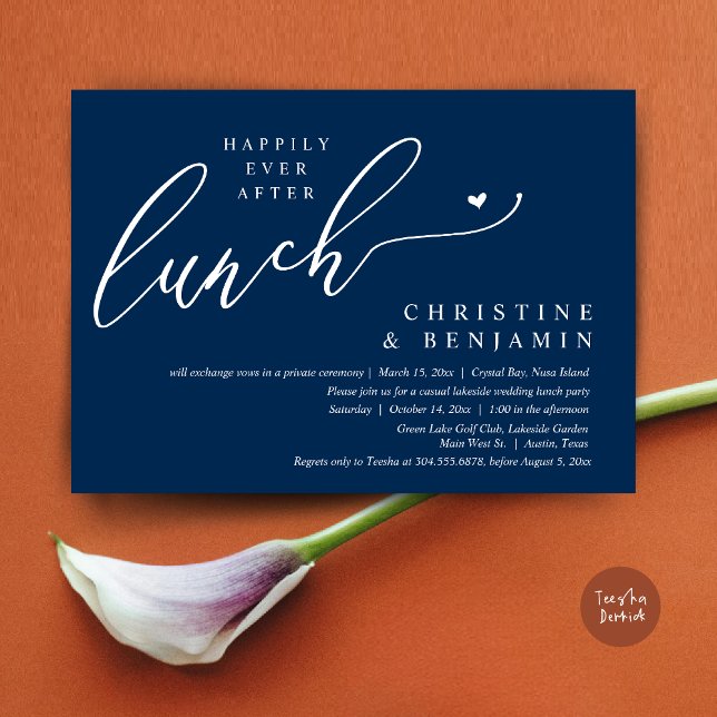 Invitación Feliz desde la celebración del almuerzo del Elopem (Happily ever After Lunch Invitation Card, PDF, Post Wedding Elopement, In Navy Blue)