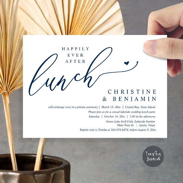 Invitación Feliz desde la celebración del almuerzo del Elopem (Happily ever After Lunch Invitation Card, PDF, Post Wedding Elopement, In Navy Blue)
