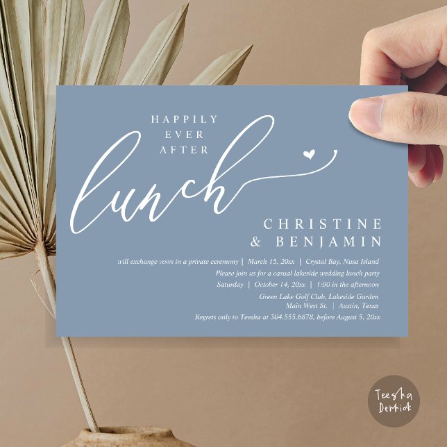 Invitación Feliz desde la celebración del almuerzo del Elopem (Happily ever After Lunch Invitation Card, PDF, Post Wedding Elopement, In Dusty Blue)