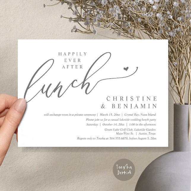 Invitación Feliz desde la celebración del almuerzo del Elopem (Happily ever After Lunch Invitation Card, PDF, Post Wedding Elopement, In Dark Grey)