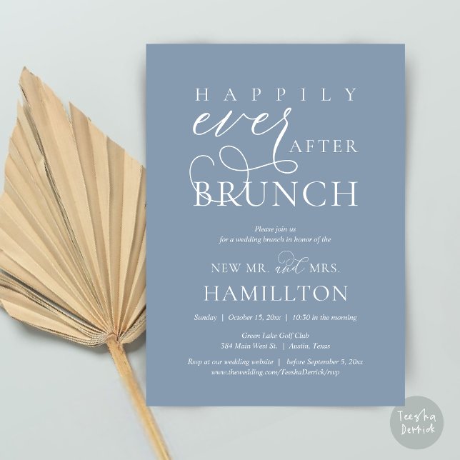 Invitación Feliz desde la celebración del Boda Brunch Post (Happily Ever After Brunch Post Wedding Celebration Invitation Card, PDF, in Dusty Blue)