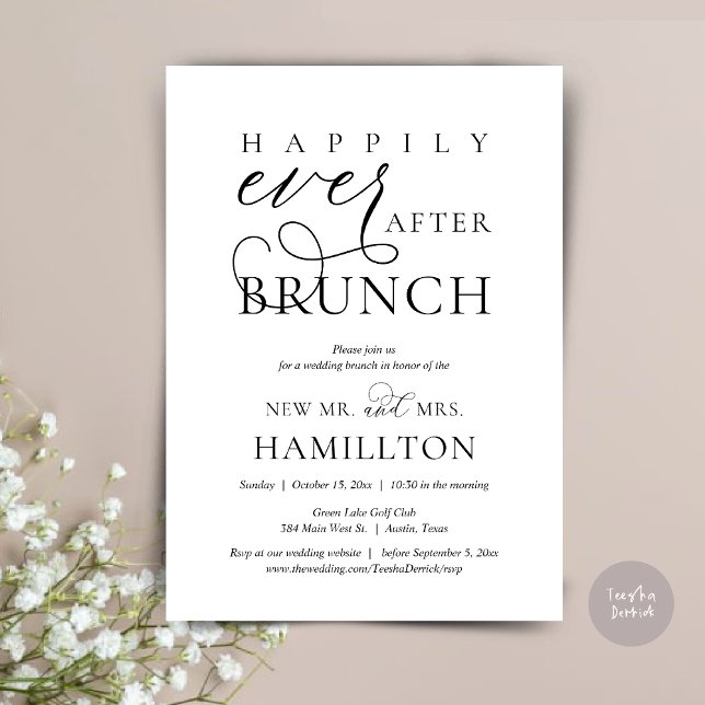 Invitación Feliz desde la celebración del Boda Brunch Post (Happily Ever After Brunch Post Wedding Celebration Invitation Card, PDF, in Black and White)