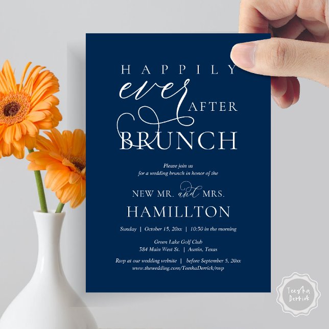 Invitación Feliz desde la celebración del Boda Brunch Post (Happily Ever After Brunch Post Wedding Celebration Invitation Card, PDF, in Navy Blue)