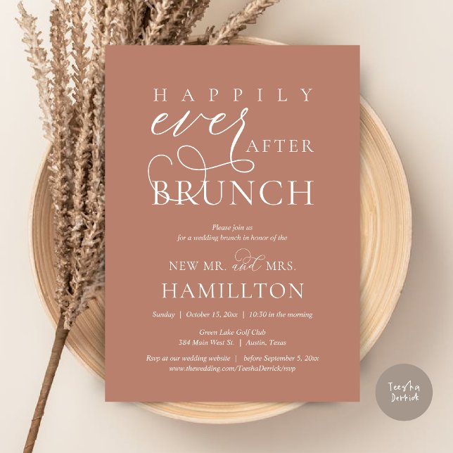 Invitación Feliz desde la celebración del Boda Brunch Post (Happily Ever After Brunch Post Wedding Celebration Invitation Card, PDF, in Terracotta Earthy)
