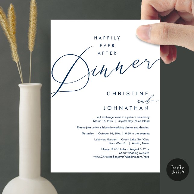 Invitación Feliz desde la cena Boda Elopement Script (Happily Ever After Dinner Wedding Elopement Script Invitation Card, PDF, Modern Romantic, Navy Blue)