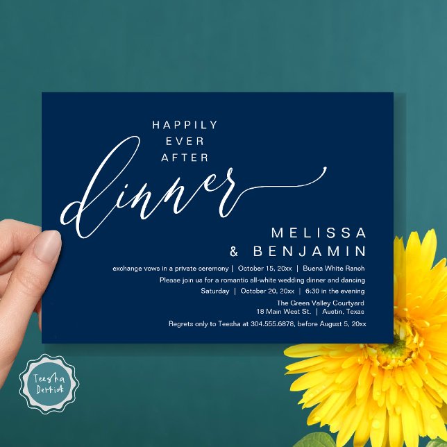Invitación Feliz desde la cena Boda Romántico Fiesta (Happily Ever After Dinner Modern Romantic Wedding Romantic Party Invitation Card Navy Blue)