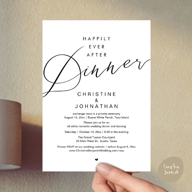 Invitación Feliz desde la cena, Boda romántico moderno (Happily Ever After Dinner, Modern Romantic Wedding Invites Card, PDF, Minimalist Clean, White Black)