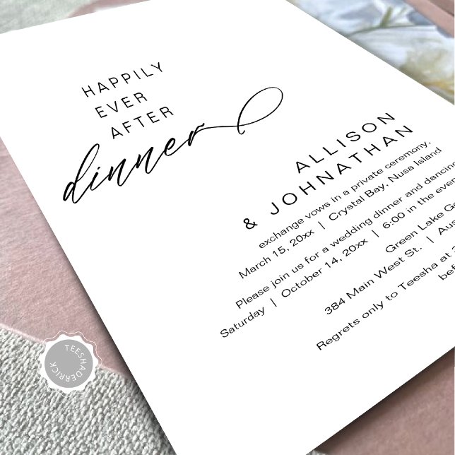Invitación Feliz desde la cena, el moderno retiro de Bodas (Happily Ever After Dinner, Modern Minimalist Wedding Celebration, Digital Download Invites.)