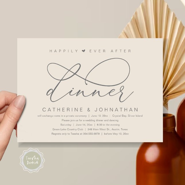 Invitación Feliz desde la cena, Fiesta romántico moderno (Happily Ever After Dinner Party, Modern Romantic Wedding  Invitation Card, PDF, Dark Grey Cream)