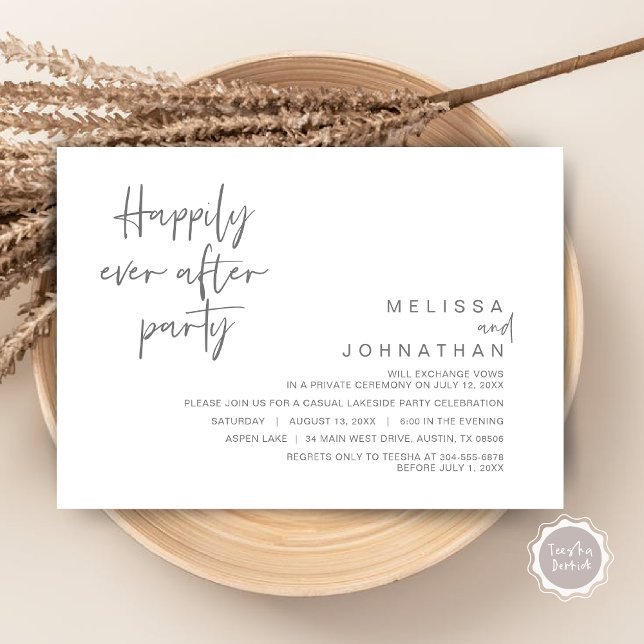 Invitación Feliz desde la fiesta de la boda, gris oscuro (Happily Ever After Party Invitation Card, PDF, Modern Wedding Elopement, in Dark Grey)