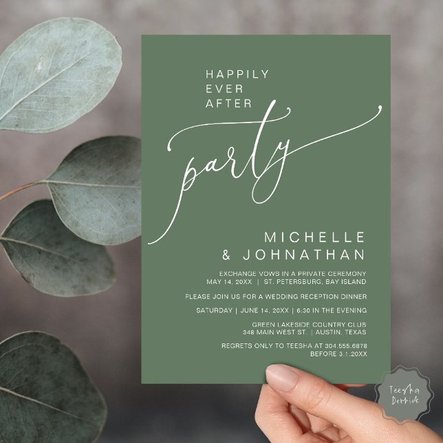 Invitación Feliz desde la recepción, cena y baile (Happily Ever After Reception Dinner and Dancing Cash Bar, Adult only Invitation Card PDF Sage Green)