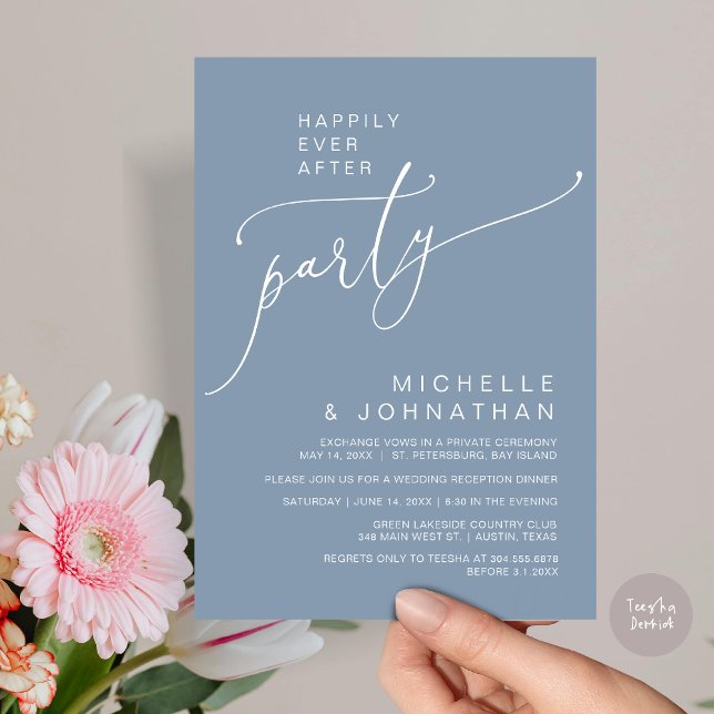 Invitación Feliz desde la recepción, cena y baile (Happily Ever After Reception Dinner and Dancing Cash Bar, Adult only Invitation Card PDF Dusty Blue)