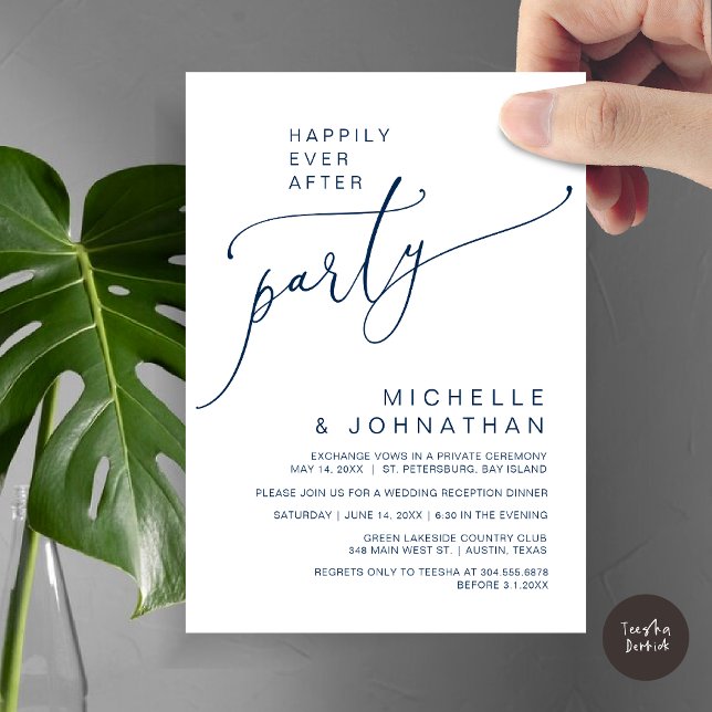 Invitación Feliz desde la recepción, cena y baile (Happily Ever After Reception Dinner and Dancing Cash Bar, Adult only Invitation Card PDF Navy Blue)