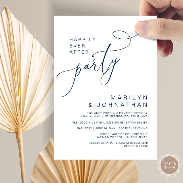 Invitación Feliz desde la recepción, cena y baile (Happily Ever After Reception Dinner and Dancing Cash Bar, Adult only Invitation Card PDF Navy Blue)
