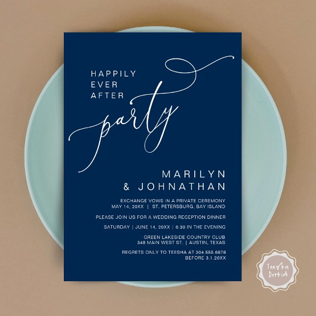 Invitación Feliz desde la recepción, cena y baile (Happily Ever After Reception Dinner and Dancing Cash Bar, Adult only Invitation Card PDF Navy Blue)