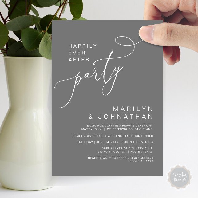 Invitación Feliz desde la recepción, cena y baile (Happily Ever After Reception Dinner and Dancing Cash Bar, Adult only Invitation Card PDF Dark Grey)