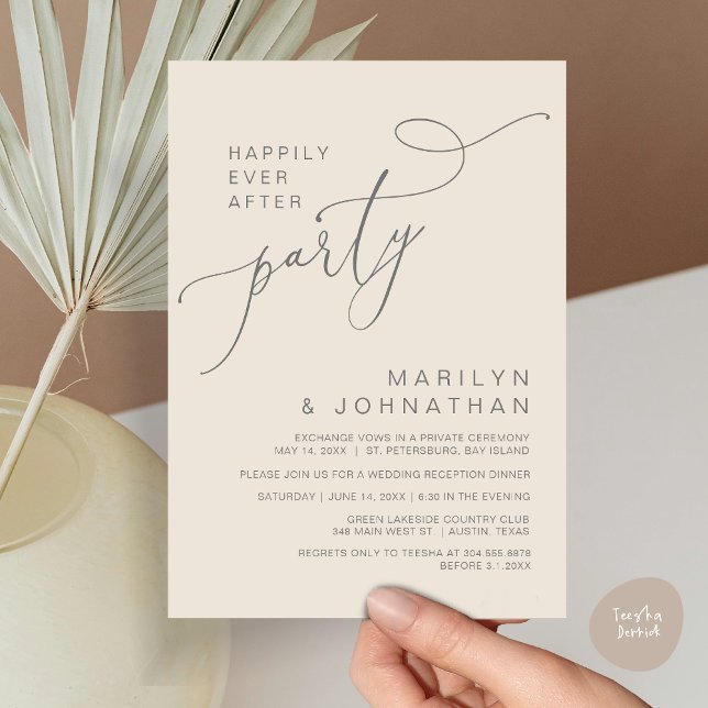 Invitación Feliz desde la recepción, cena y baile (Happily Ever After Reception Dinner and Dancing Cash Bar, Adult only Invitation Card PDF Cream Grey)