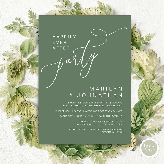 Invitación Feliz desde la recepción, cena y baile (Happily Ever After Reception Dinner and Dancing Cash Bar, Adult only Invitation Card PDF Sage Green)