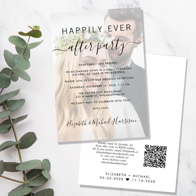 Invitación Feliz desde la recepción de la foto del código QR (An chic Happily Ever After Party all-in-one invitation for your wedding reception celebration)