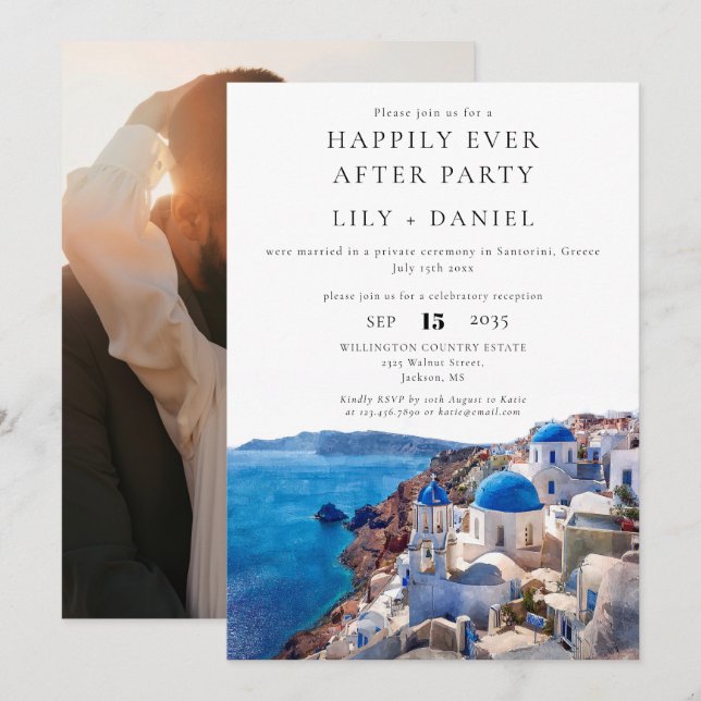 Invitación Feliz desde Santorini, Boda fotográfico de Grecia (Anverso / Reverso)