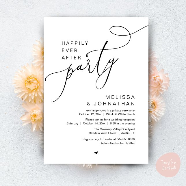 Invitación Feliz día a día después de la recepción del Fiesta (Happily Ever After Party Modern Wedding Reception Dinner Brunch Lunch Invites card PDF Black White)