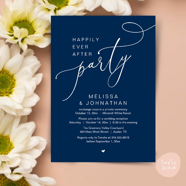Invitación Feliz día a día después de la recepción del Fiesta (Happily Ever After Party Modern Wedding Reception Dinner Brunch Lunch Invites card PDF Navy Blue)