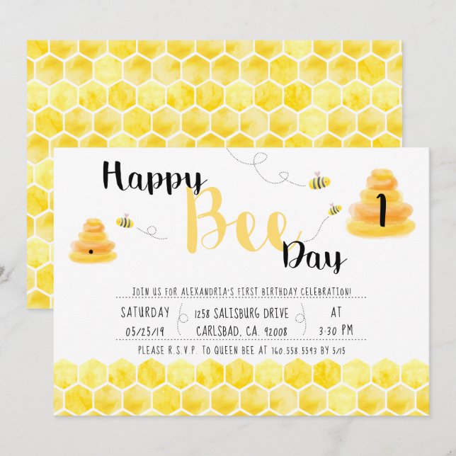 Invitación Feliz Día de la Abeja Negro y Abeja Amarillo Fiest (Anverso / Reverso)