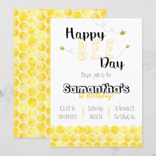 Invitación Feliz Día de la Abeja Tema Cumpleaños Negro y amar