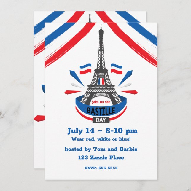 Invitación Feliz Día de la Bastilla Torre Eiffel (Anverso / Reverso)