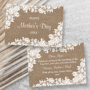 Invitación Feliz día de la madre   Rustico arpillera y encaje