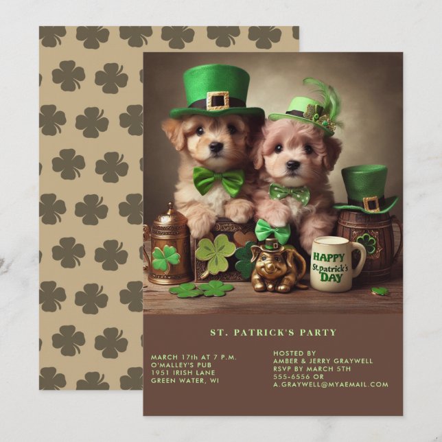 Invitación Feliz Día de San Patricio, adorables cachorros Gor (Anverso / Reverso)