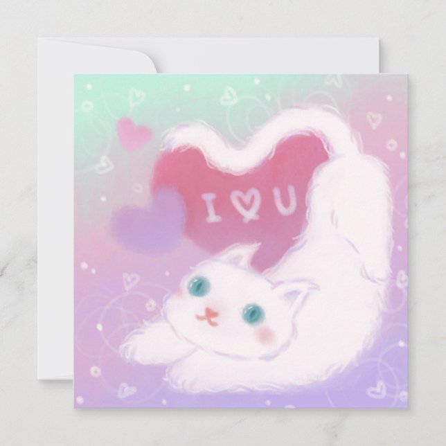 Invitación Feliz día de San Valentín con gato blanco esponjos (Anverso)