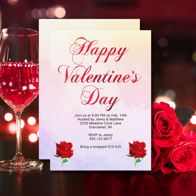 Invitación Feliz Día de San Valentín suave pastel Fiesta de r (Pink Valentine's Party Food Music Dancing Club Invitation)