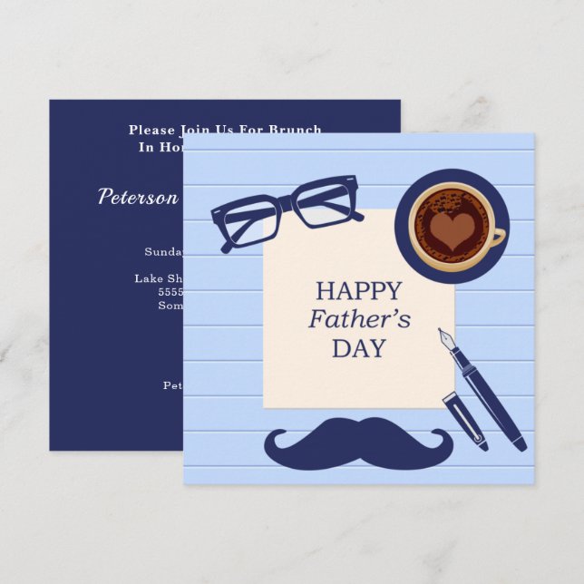 Invitación Feliz Día del Padre Diversión Azul Mustache Famili (Anverso / Reverso)